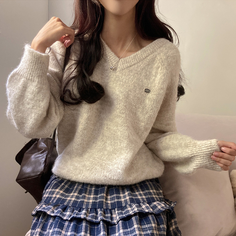 크레파스 알파카 모헤어 울 브이넥 루즈핏 니트 오트밀