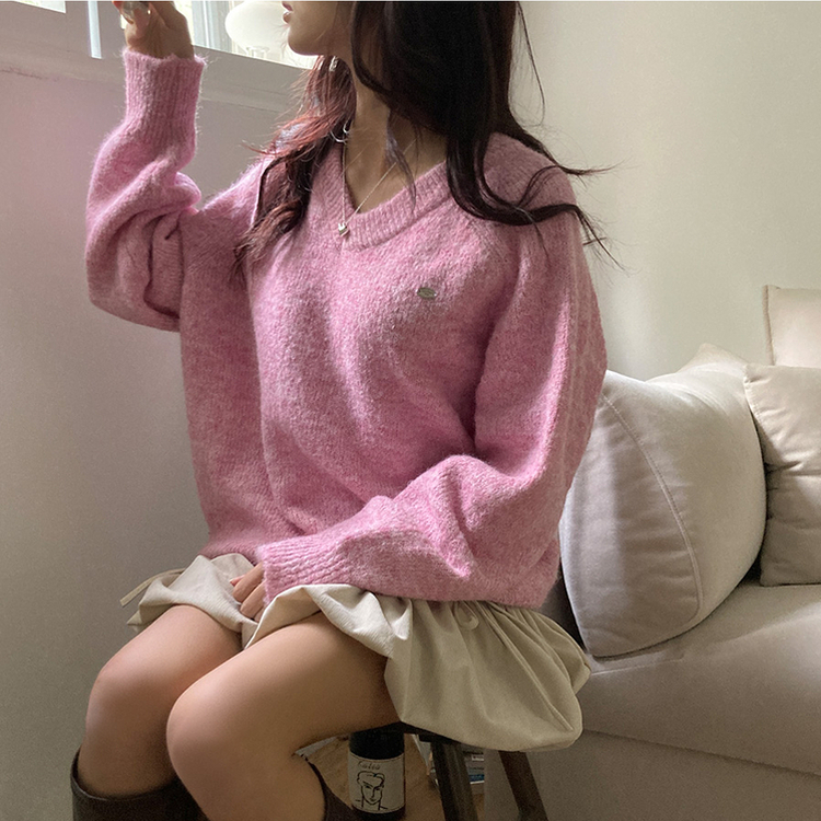 크레파스 알파카 모헤어 울 브이넥 루즈핏 니트 핑크