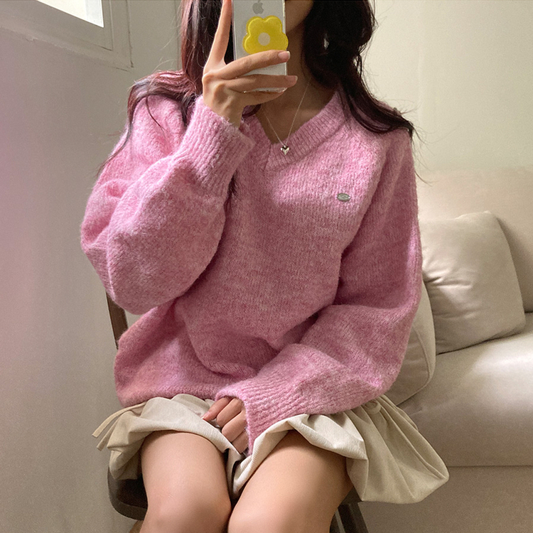 크레파스 알파카 모헤어 울 브이넥 루즈핏 니트 핑크