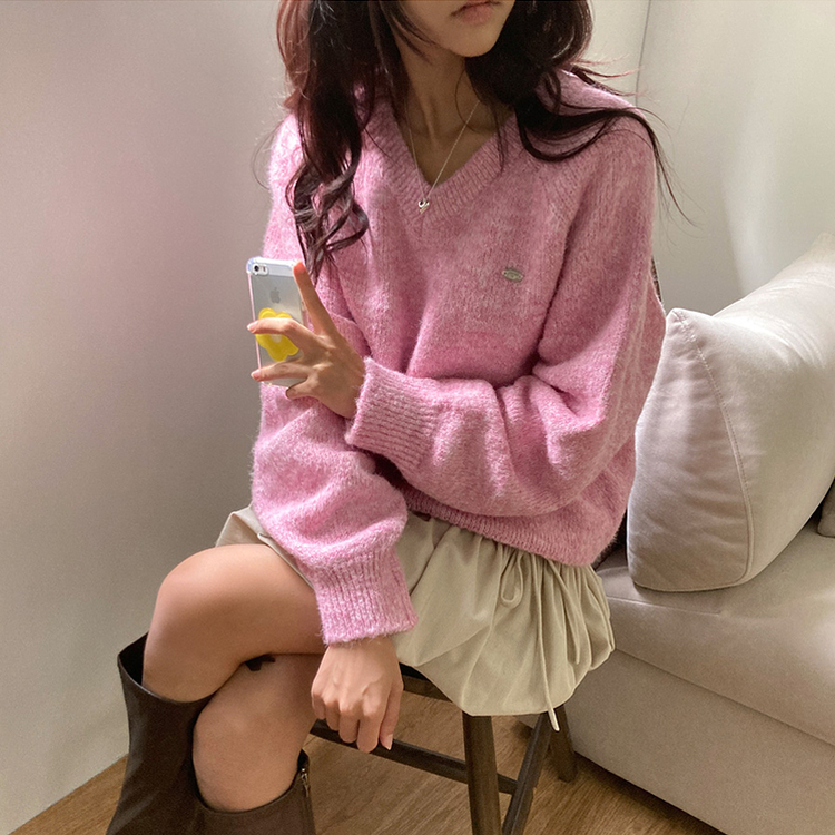 크레파스 알파카 모헤어 울 브이넥 루즈핏 니트 핑크