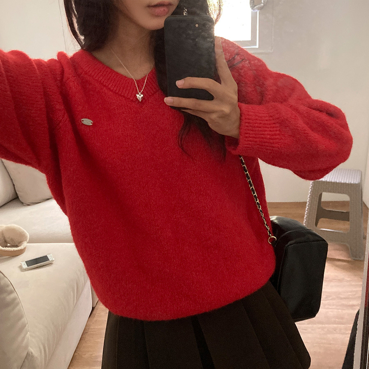 크레파스 알파카 모헤어 울 브이넥 루즈핏 니트 레드