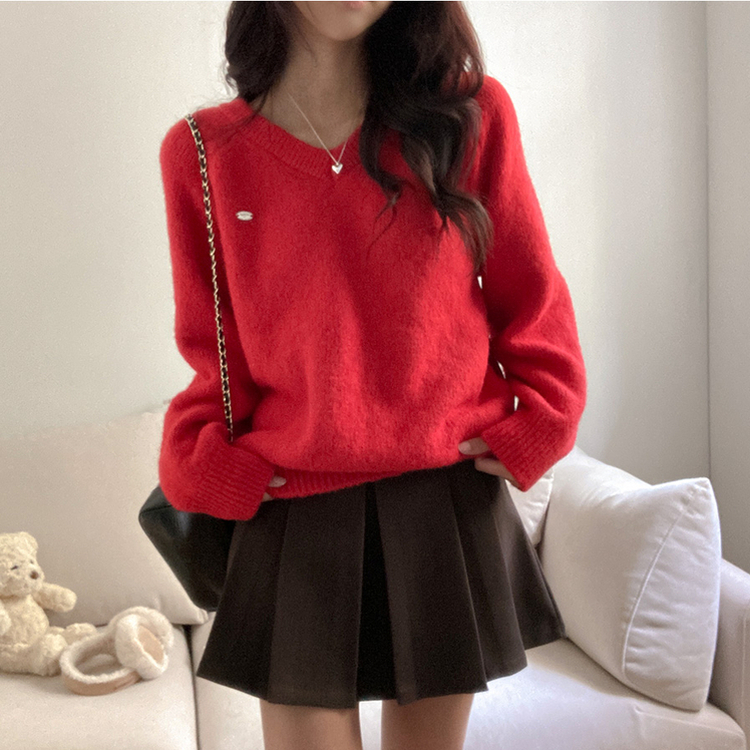 크레파스 알파카 모헤어 울 브이넥 루즈핏 니트 레드