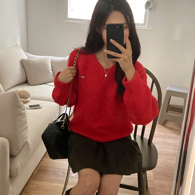 크레파스 알파카 모헤어 울 브이넥 루즈핏 니트 레드