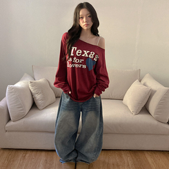 テキサスハートオフショルダー長袖Tシャツ WINE