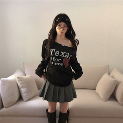 テキサスハートオフショルダー長袖Tシャツ BLACK