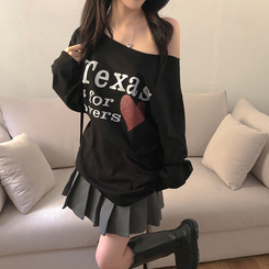 テキサスハートオフショルダー長袖Tシャツ BLACK