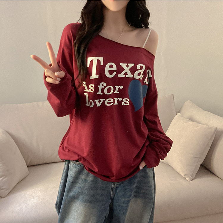 テキサスハートオフショルダー長袖Tシャツ WINE