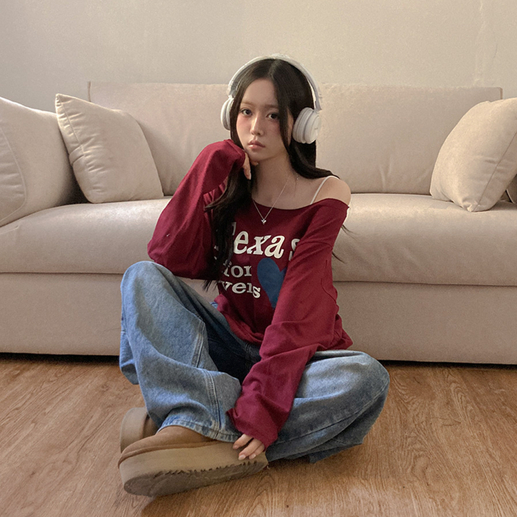 テキサスハートオフショルダー長袖Tシャツ WINE