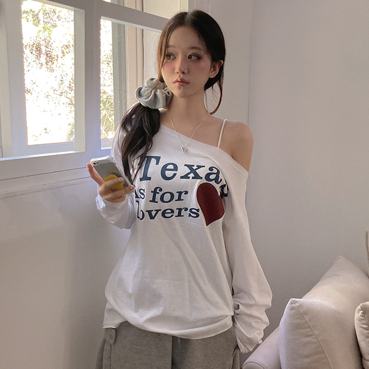 テキサスハートオフショルダー長袖Tシャツ WHITE
