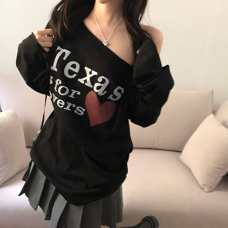 テキサスハートオフショルダー長袖Tシャツ BLACK
