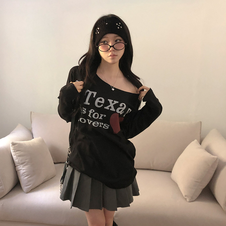 テキサスハートオフショルダー長袖Tシャツ BLACK