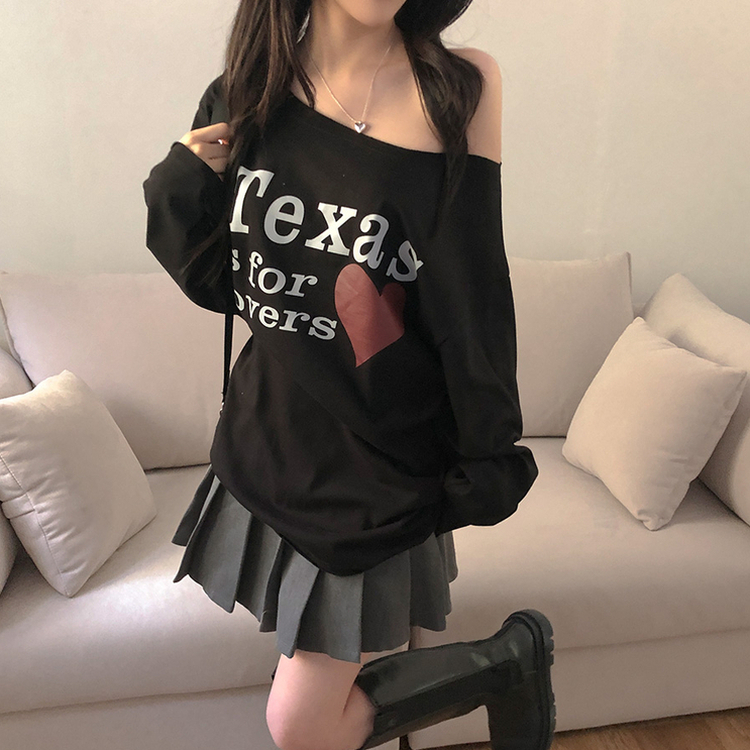 テキサスハートオフショルダー長袖Tシャツ BLACK
