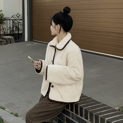 양털 뽀글이 배색 아방핏 스웨이드 무스탕 퍼자켓 후리스 점퍼 아이보리