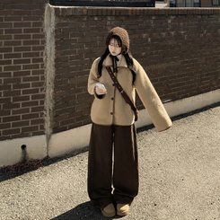 양털 뽀글이 배색 아방핏 스웨이드 무스탕 퍼자켓 후리스 점퍼 베이지