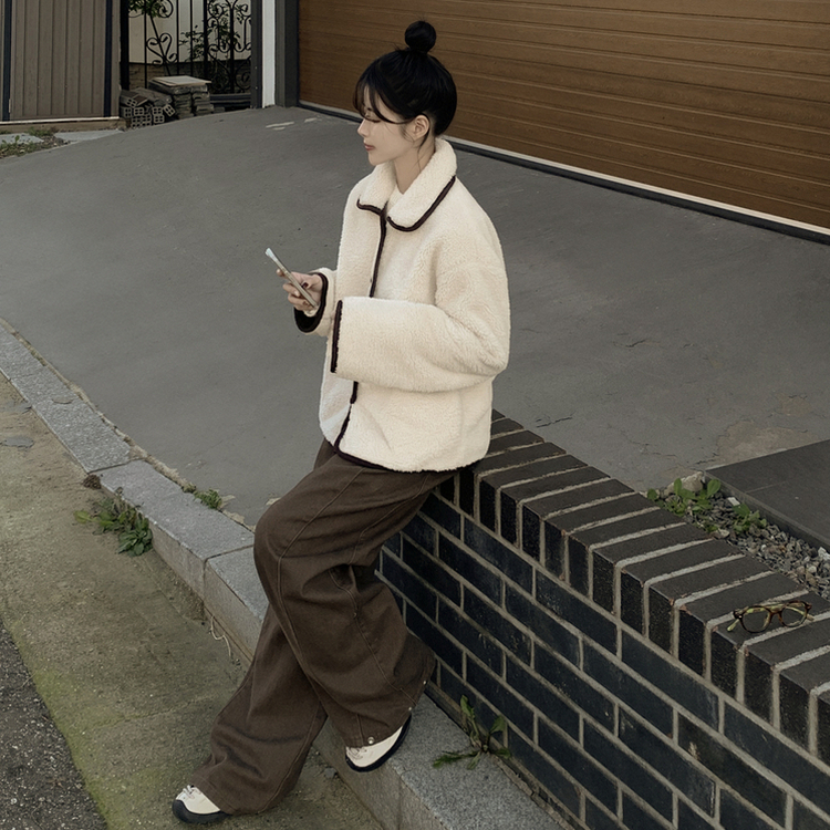 양털 뽀글이 배색 아방핏 스웨이드 무스탕 퍼자켓 후리스 점퍼 아이보리