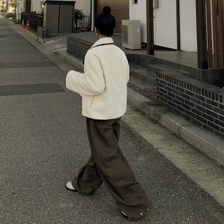 양털 뽀글이 배색 아방핏 스웨이드 무스탕 퍼자켓 후리스 점퍼 아이보리