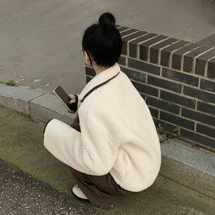 양털 뽀글이 배색 아방핏 스웨이드 무스탕 퍼자켓 후리스 점퍼 아이보리