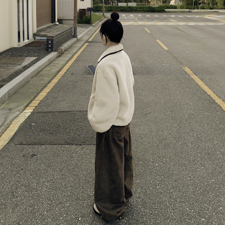 양털 뽀글이 배색 아방핏 스웨이드 무스탕 퍼자켓 후리스 점퍼 아이보리