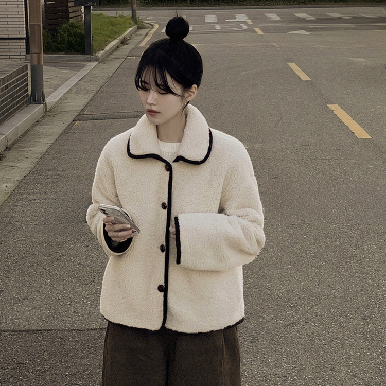 양털 뽀글이 배색 아방핏 스웨이드 무스탕 퍼자켓 후리스 점퍼 아이보리