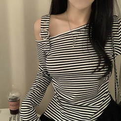 ストライプワンショルダー長袖Tシャツ IVORY