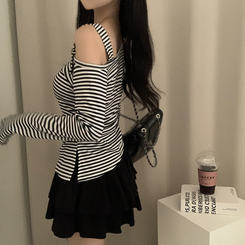 ストライプワンショルダー長袖Tシャツ IVORY