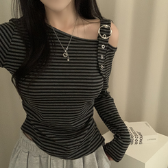 ストライプワンショルダー長袖Tシャツ BLACK