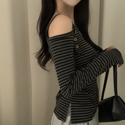 ストライプワンショルダー長袖Tシャツ BLACK