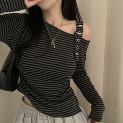 ストライプワンショルダー長袖Tシャツ BLACK