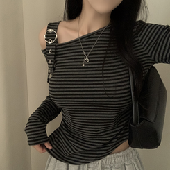 ストライプワンショルダー長袖Tシャツ BLACK