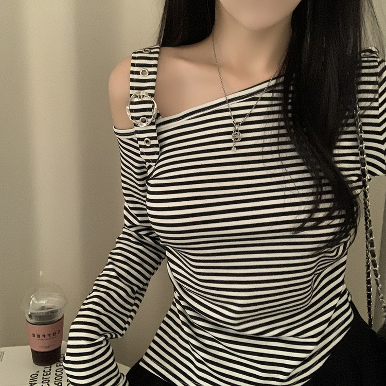 ストライプワンショルダー長袖Tシャツ IVORY