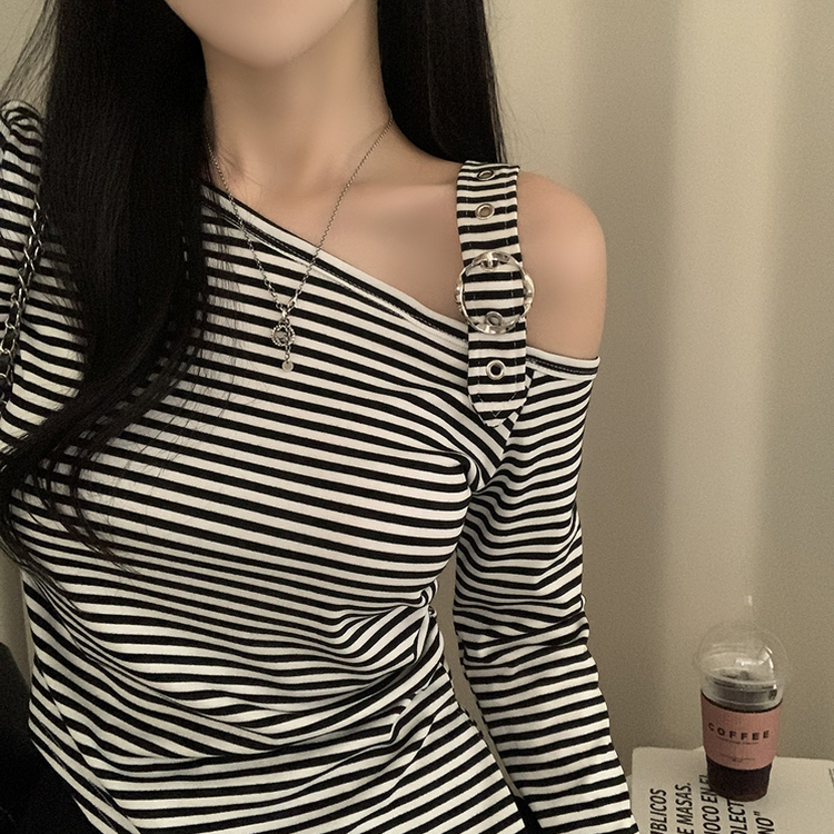 ストライプワンショルダー長袖Tシャツ IVORY