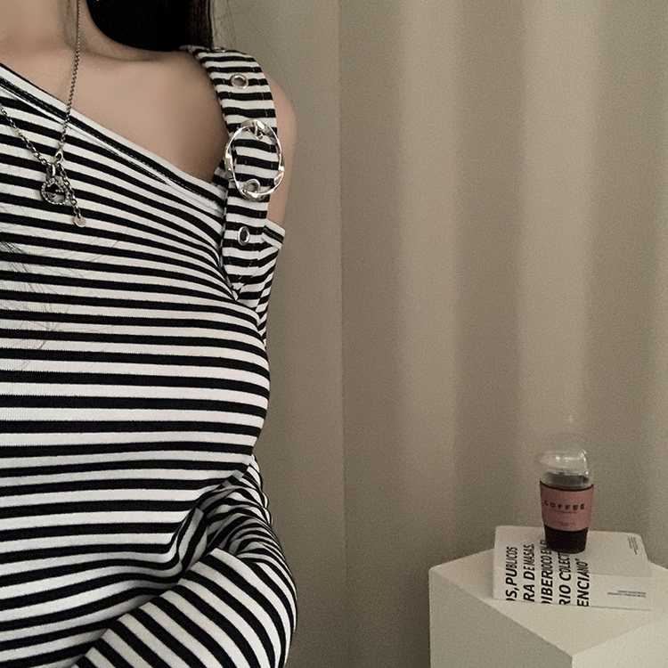 ストライプワンショルダー長袖Tシャツ IVORY