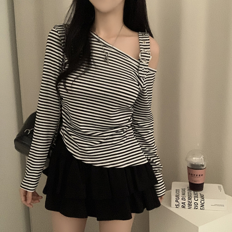 ストライプワンショルダー長袖Tシャツ IVORY