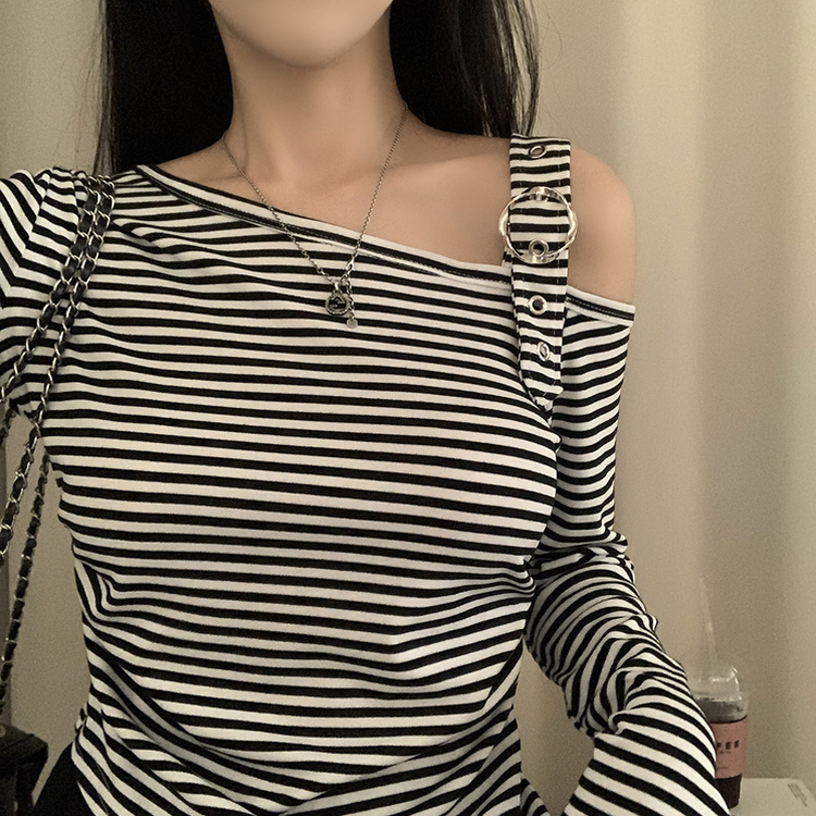 ストライプワンショルダー長袖Tシャツ IVORY