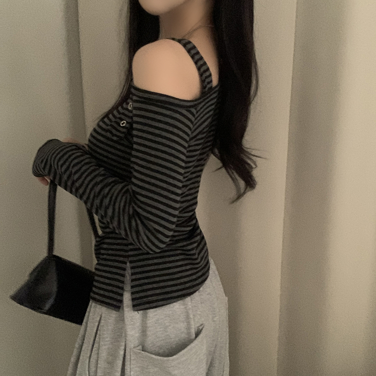 ストライプワンショルダー長袖Tシャツ BLACK