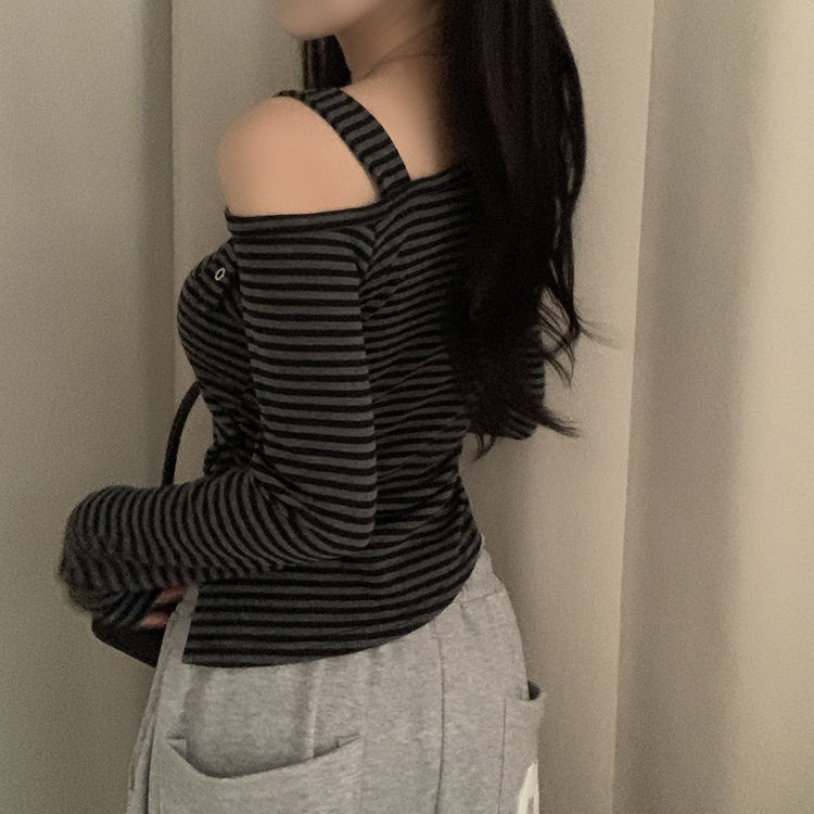 ストライプワンショルダー長袖Tシャツ BLACK