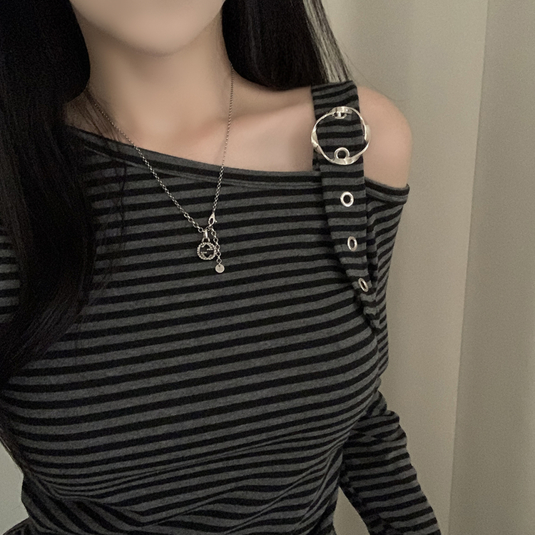 ストライプワンショルダー長袖Tシャツ BLACK