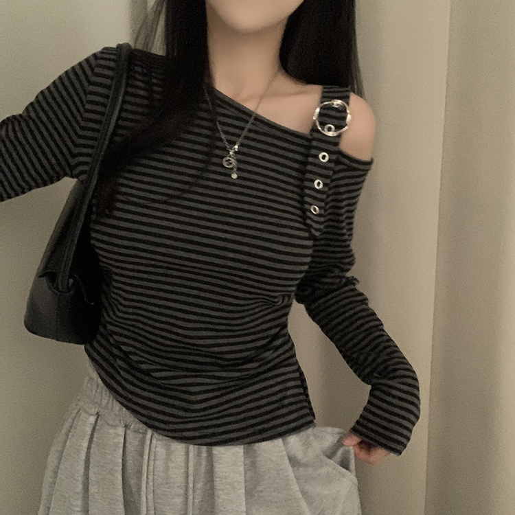 ストライプワンショルダー長袖Tシャツ BLACK