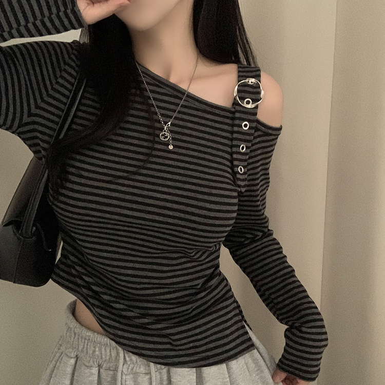 ストライプワンショルダー長袖Tシャツ BLACK