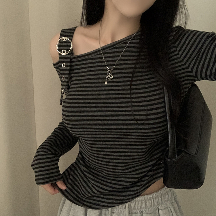 ストライプワンショルダー長袖Tシャツ BLACK