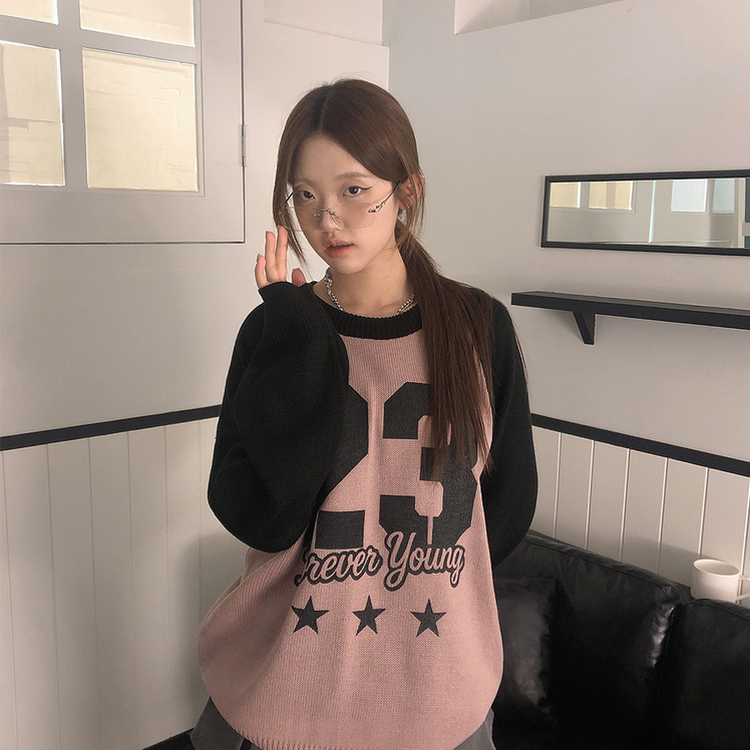 のんのん ラグランナンバーバイカラーニット｜ニット｜韓国ファッション