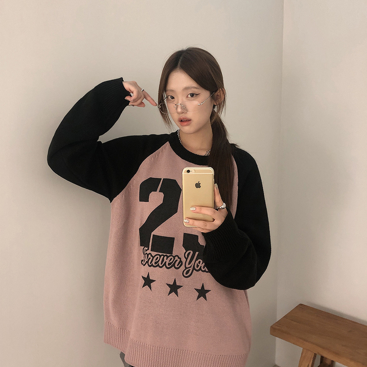 ラグランナンバーバイカラーニット｜ニット｜韓国ファッション