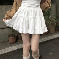 제이드 스웨이드 코듀로이 레이스 캉캉 밴딩 미니 스커트 아이보리