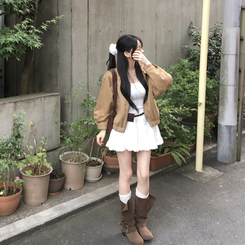 제이드 스웨이드 코듀로이 레이스 캉캉 밴딩 미니 스커트 아이보리