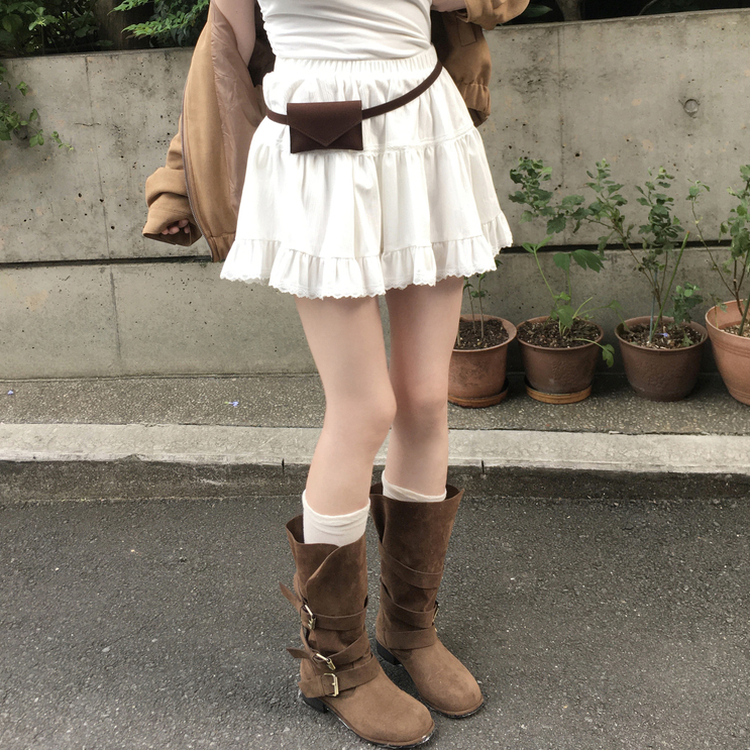 제이드 스웨이드 코듀로이 레이스 캉캉 밴딩 미니 스커트 아이보리