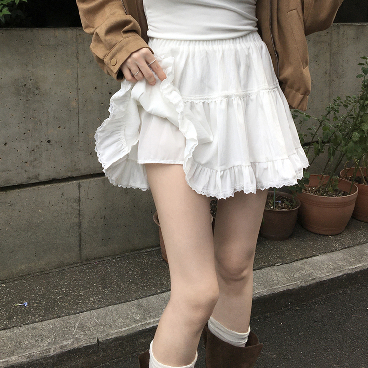 제이드 스웨이드 코듀로이 레이스 캉캉 밴딩 미니 스커트 아이보리