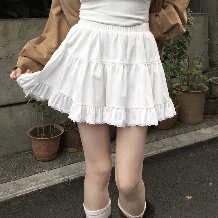 제이드 스웨이드 코듀로이 레이스 캉캉 밴딩 미니 스커트 아이보리