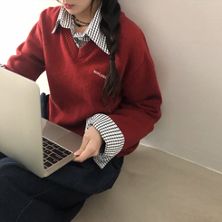 チェックシャツレイヤードニット RED