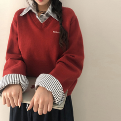 チェックシャツレイヤードニット RED