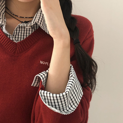 チェックシャツレイヤードニット RED